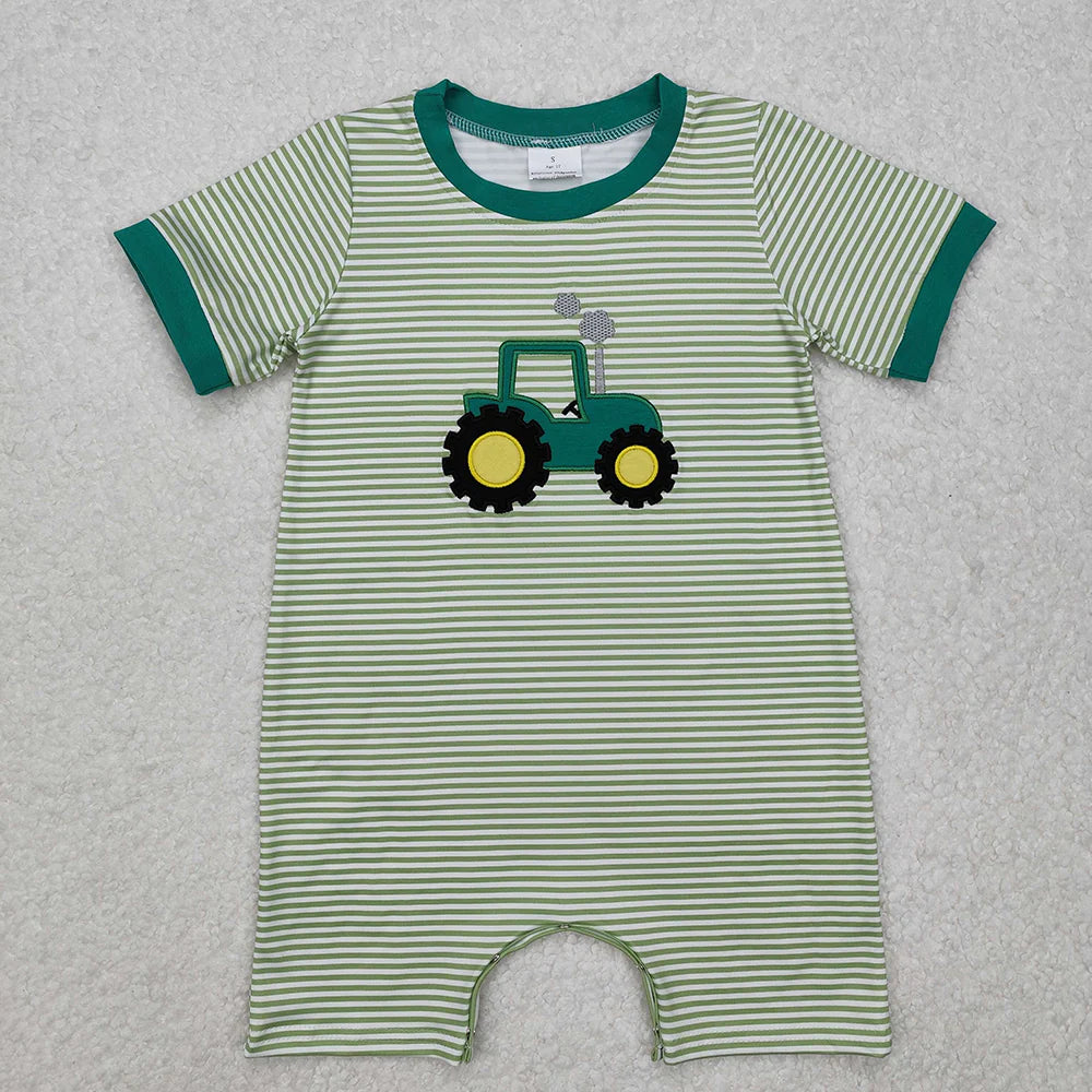 Best Sell RTS Baby Infant Boys Green Tractor Farm Stripe Rompers Cute Farm Design Comfortable Cotton  for Little Ones