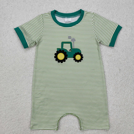 Best Sell RTS Baby Infant Boys Green Tractor Farm Stripe Rompers Cute Farm Design Comfortable Cotton  for Little Ones