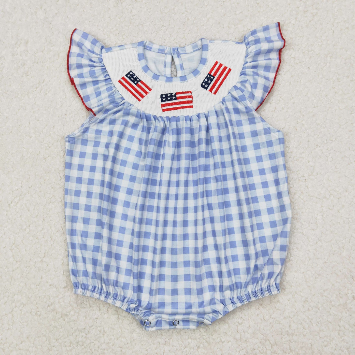 RTS NO MOQ ETA 5/7days Arrived SR2571 smocked Girls National Day Embroidered Flag Blue Plaid Vest Bodysuit