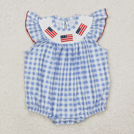 RTS NO MOQ ETA 5/7days Arrived SR2571 smocked Girls National Day Embroidered Flag Blue Plaid Vest Bodysuit