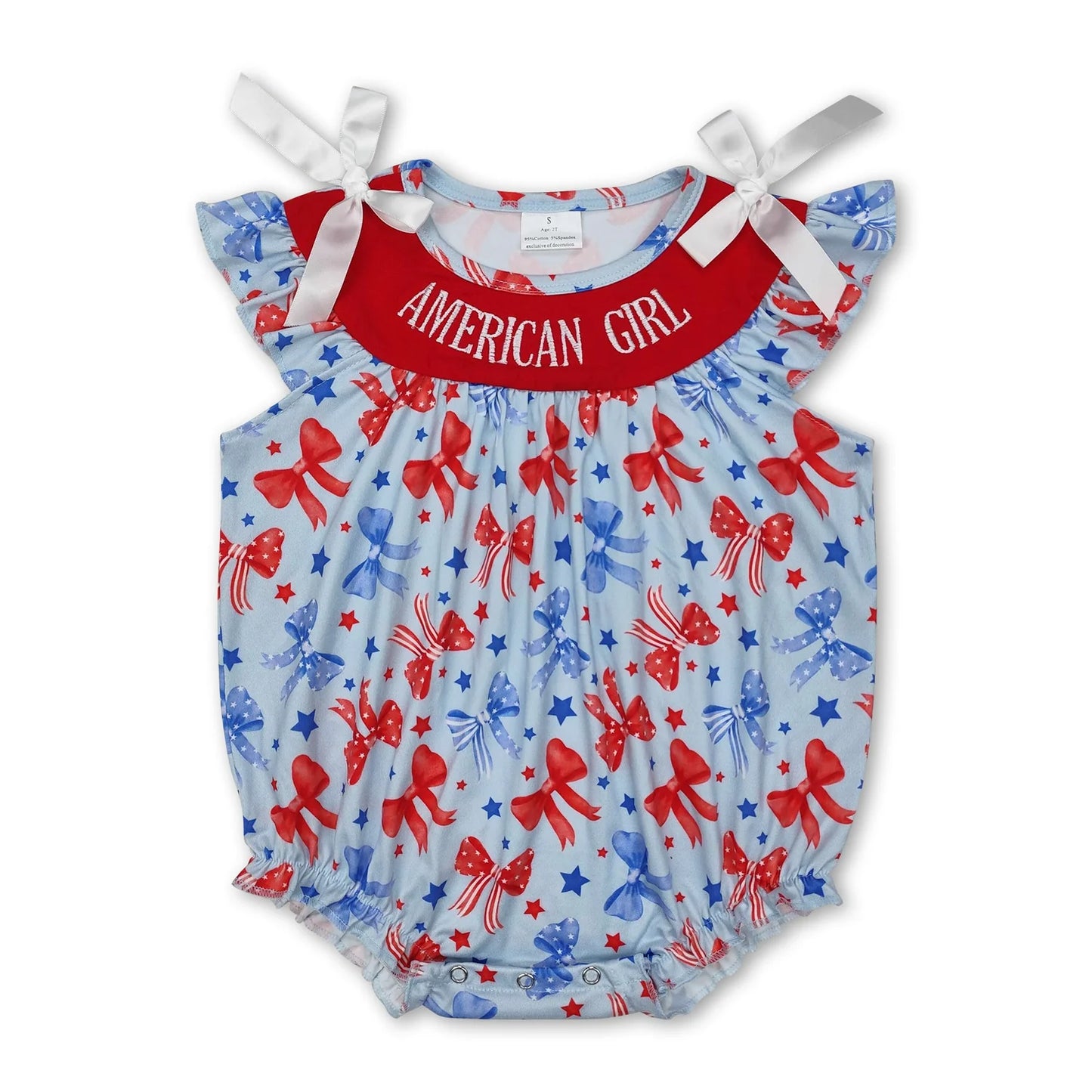 RTS NO MOQ Sibling milk silk Baby Girl 4th of July Embroidery Flag Strap Bow Ruffle Knee Length Dress Rompers