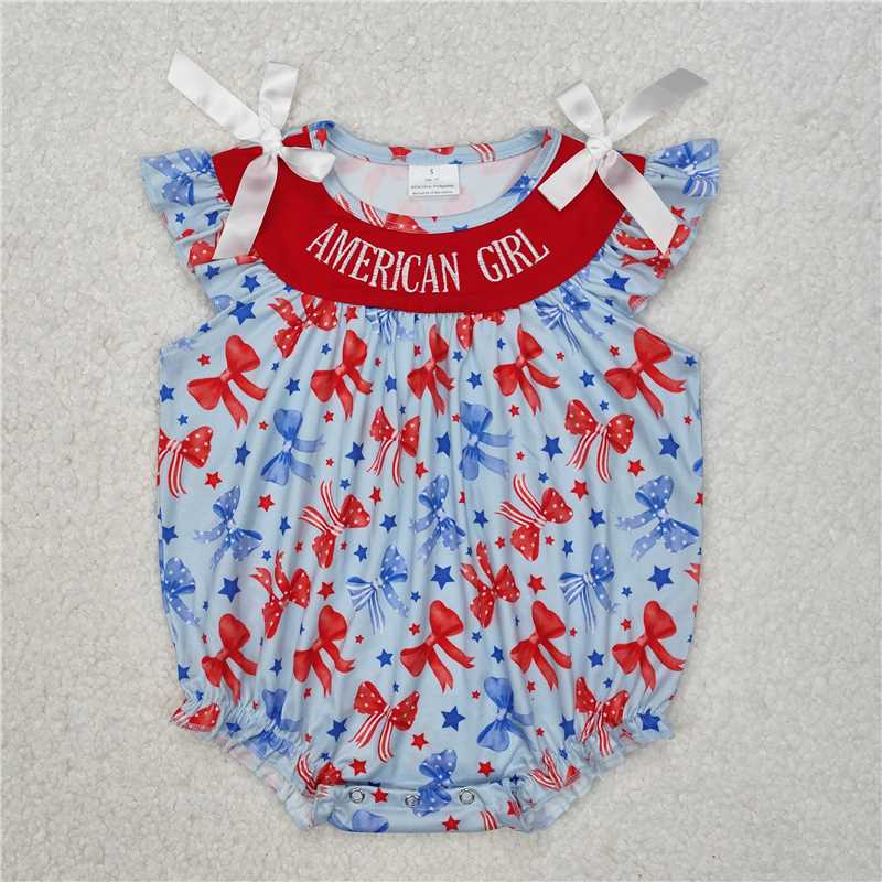 RTS NO MOQ Girls clothes floral 4th of july bow short sleeve Clothes Sets romper