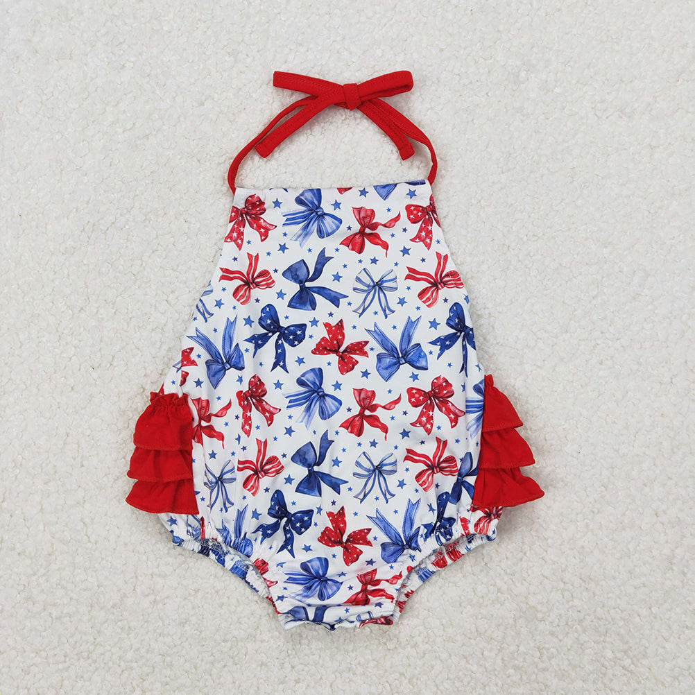 RTS NO MOQ Girls clothes floral 4th of july bow short sleeve Clothes Sets romper