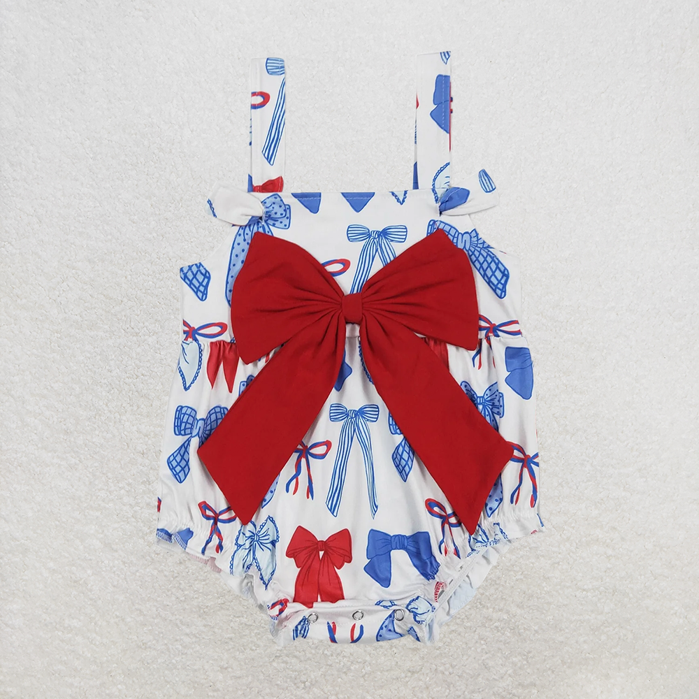 RTS NO MOQ Sibling Baby Girls Cow Straps Rompers with Big Bows 4th of July Outfit