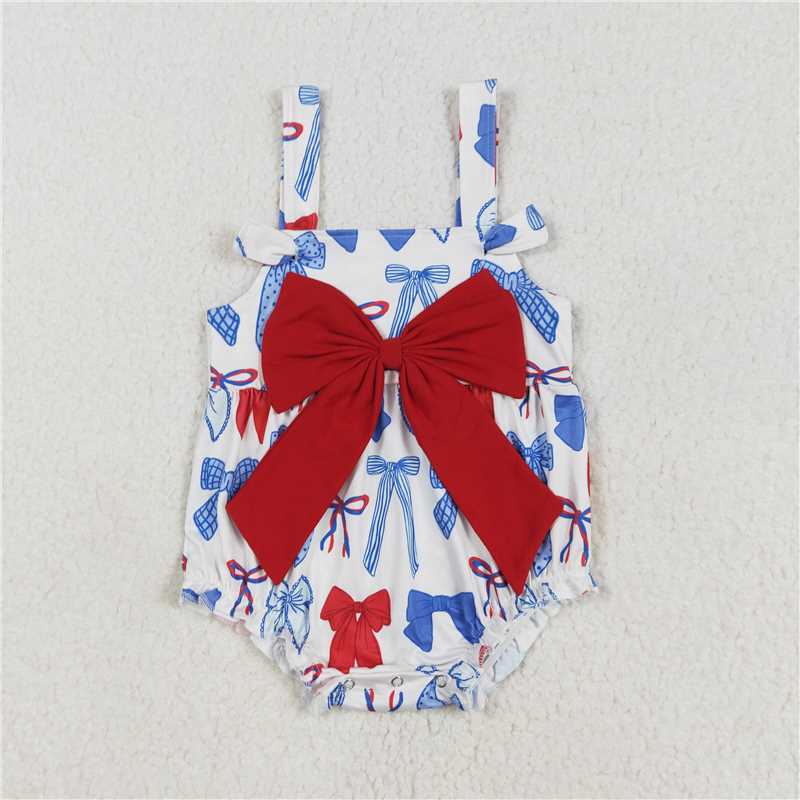 RTS NO MOQ Girls clothes floral 4th of july bow short sleeve Clothes Sets romper