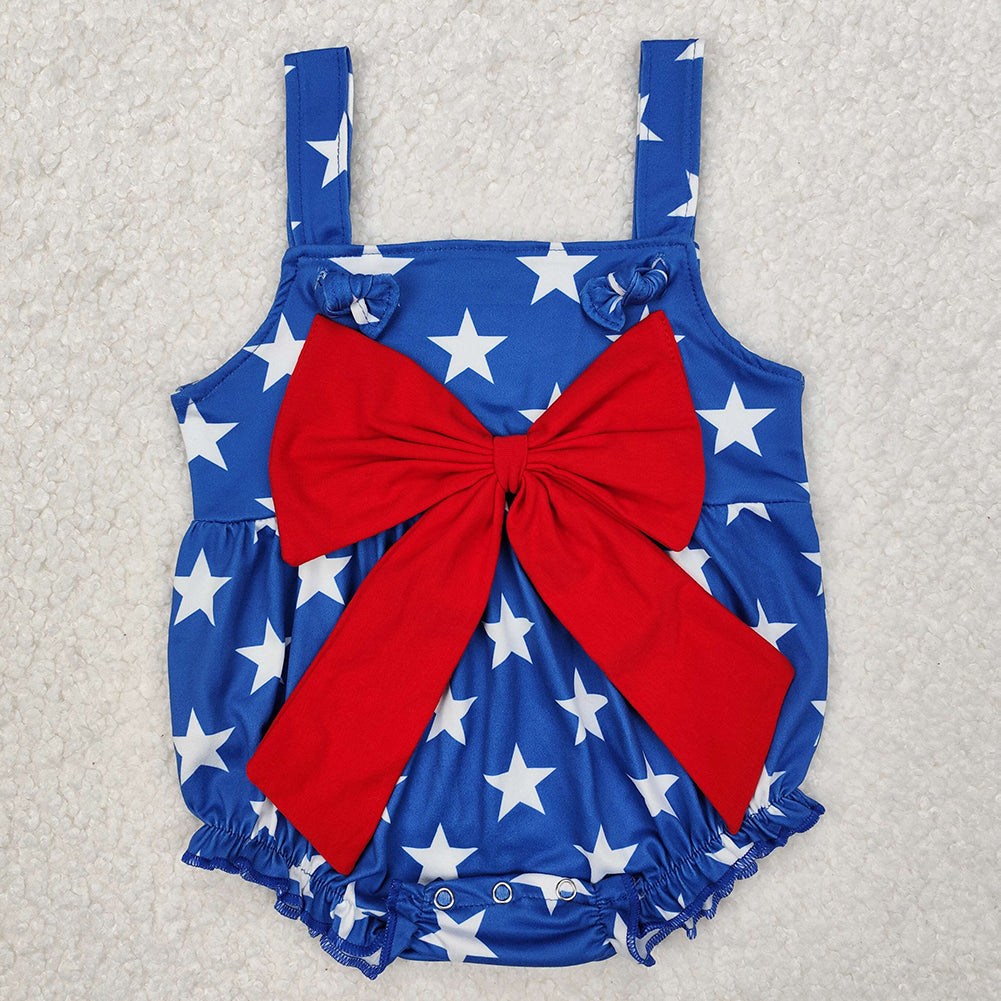 RTS NO MOQ Sibling Baby Girls Cow Straps Rompers with Big Bows 4th of July Outfit