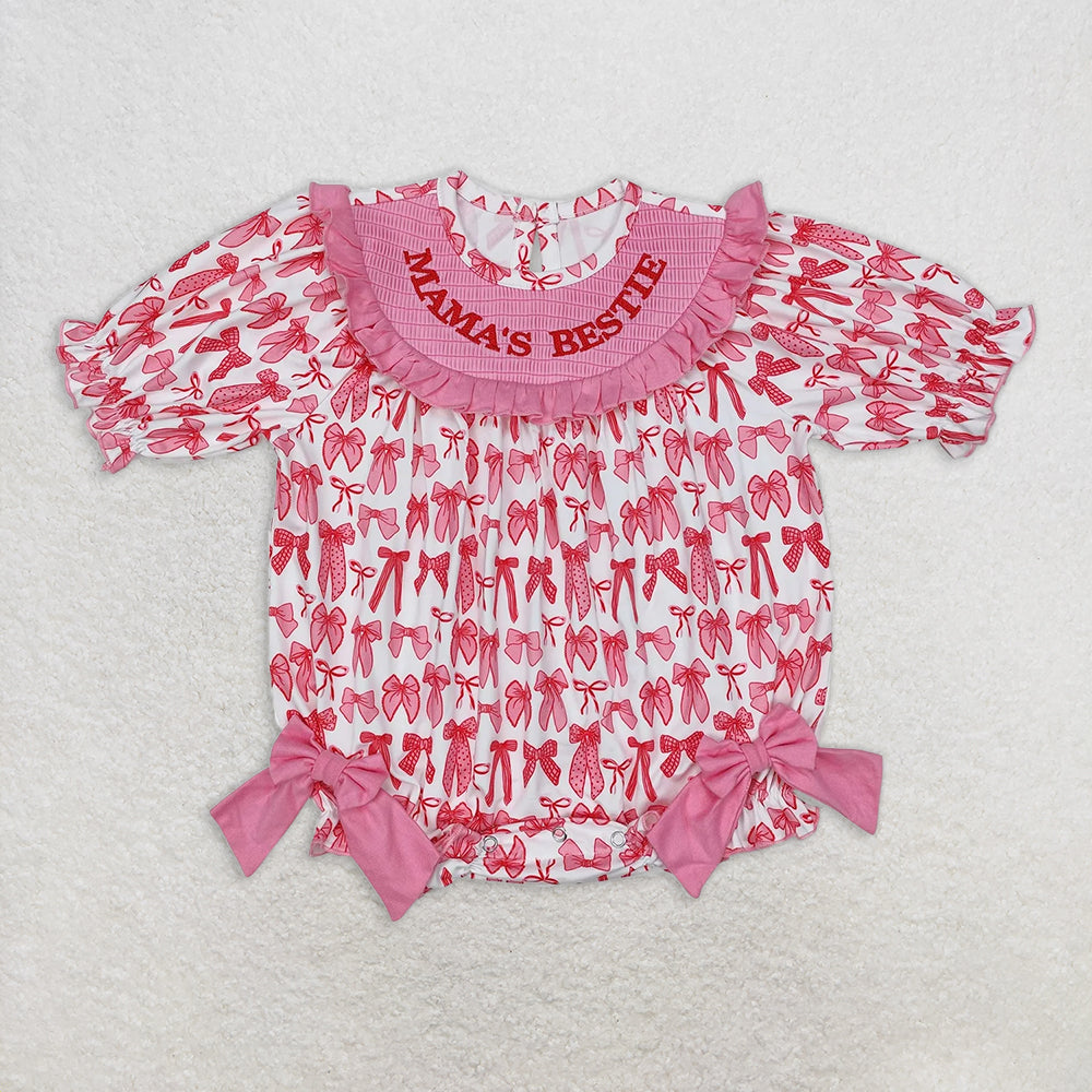RTS NO MOQ Sibling Baby Girls Smocked Rompers with Mama's Bestie Camo Bows Ruffle Design for Matching Outfits