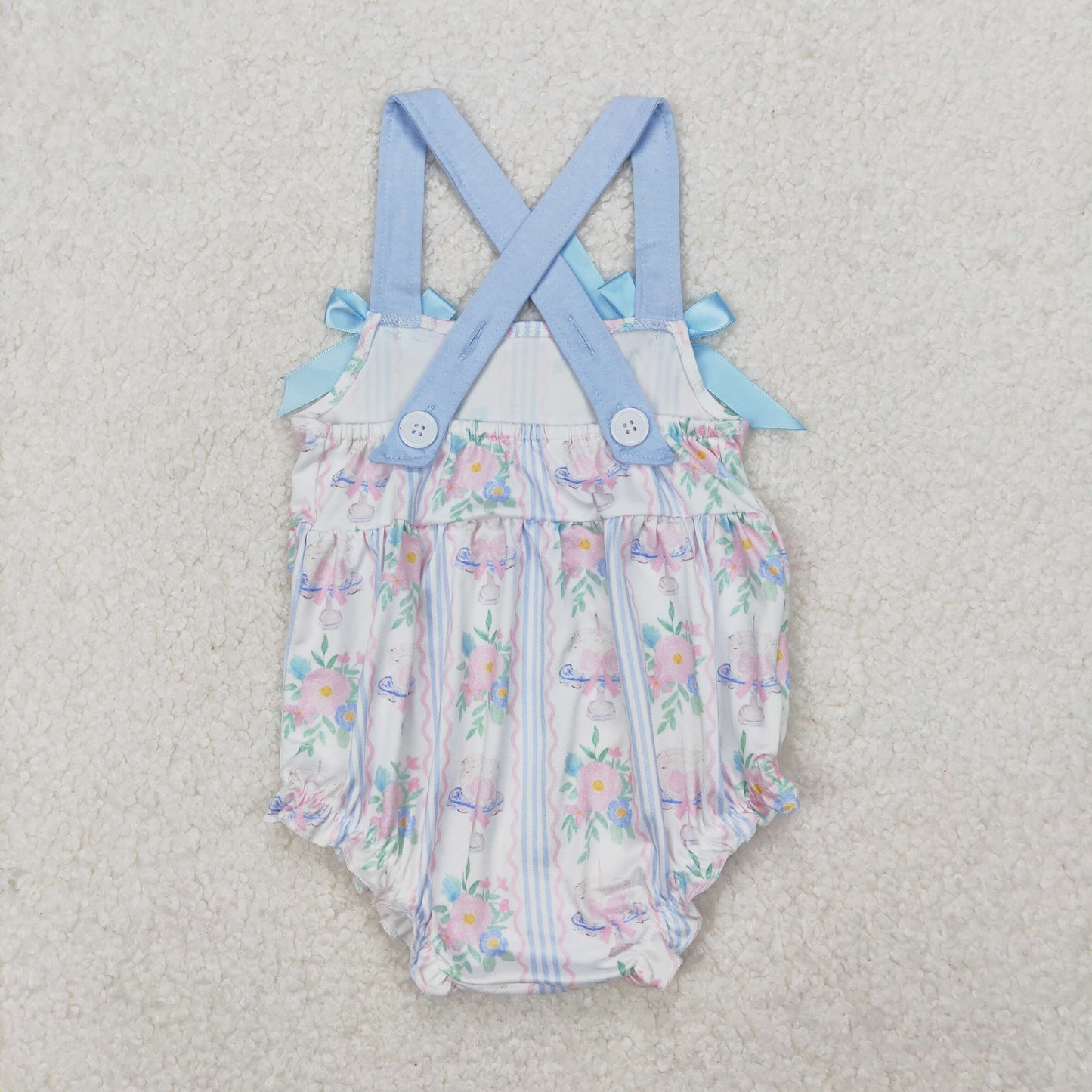 RTS NO MOQ ETA 5/7days arrived SR2698 Flower Leaves Blue Stripes Wavy Line Pink Bow Pattern White Vest Bodysuit