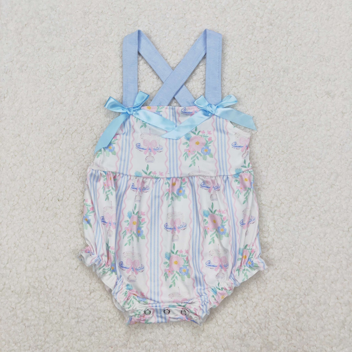 RTS NO MOQ ETA 5/7days arrived SR2698 Flower Leaves Blue Stripes Wavy Line Pink Bow Pattern White Vest Bodysuit
