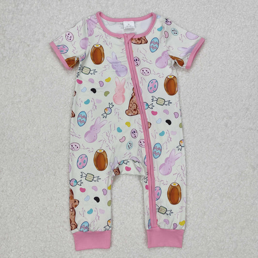 RTS NO MOQ ETA 5/7days arrived SR2712 Easter bunny egg candy pink and white zipper short sleeve jumpsuit