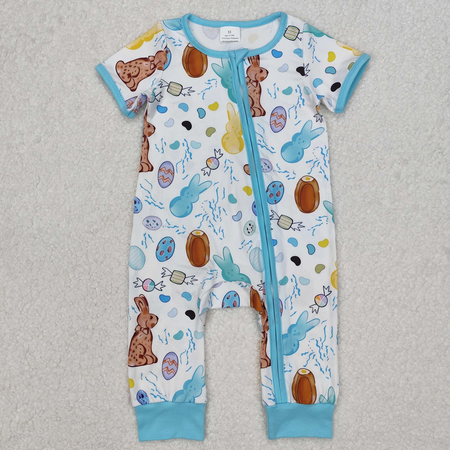 RTS NO MOQ ETA 5/7days arrived SR2713 Easter bunny egg candy blue and white zipper short sleeve jumpsuit