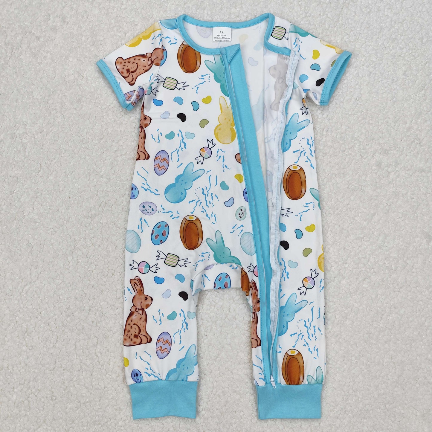 RTS NO MOQ ETA 5/7days arrived SR2713 Easter bunny egg candy blue and white zipper short sleeve jumpsuit