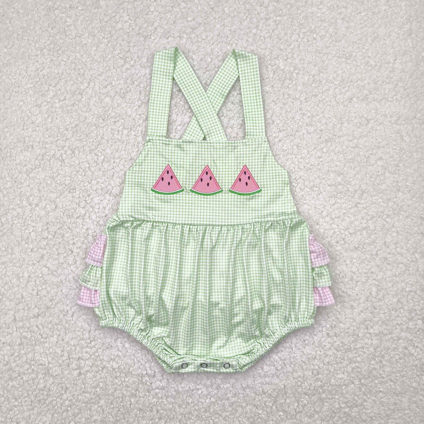 RTS NO MOQ SR2764 Embroidered watermelon pattern lace green plaid flying sleeve vest jumpsuit
