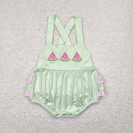 RTS NO MOQ SR2764 Embroidered watermelon pattern lace green plaid flying sleeve vest jumpsuit