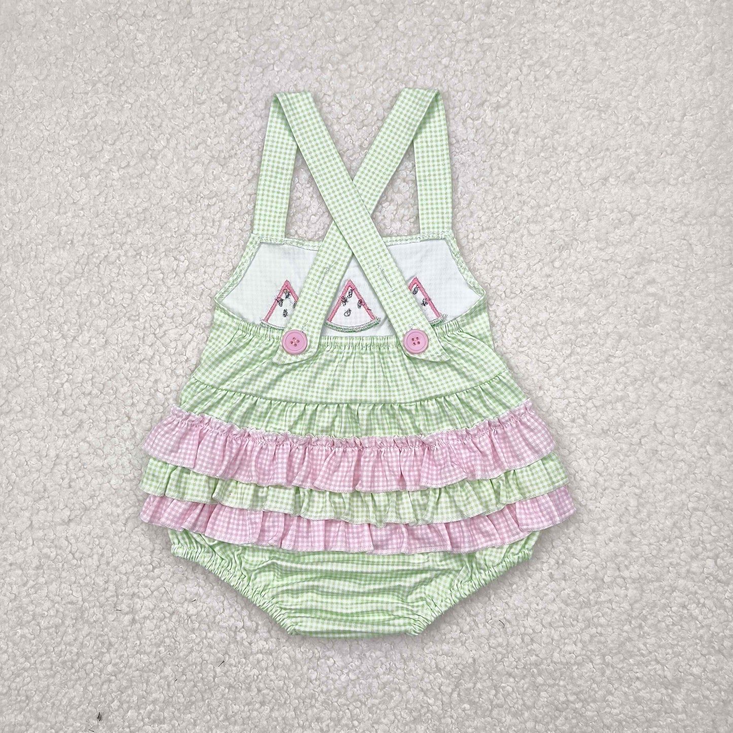 RTS NO MOQ SR2764 Embroidered watermelon pattern lace green plaid flying sleeve vest jumpsuit