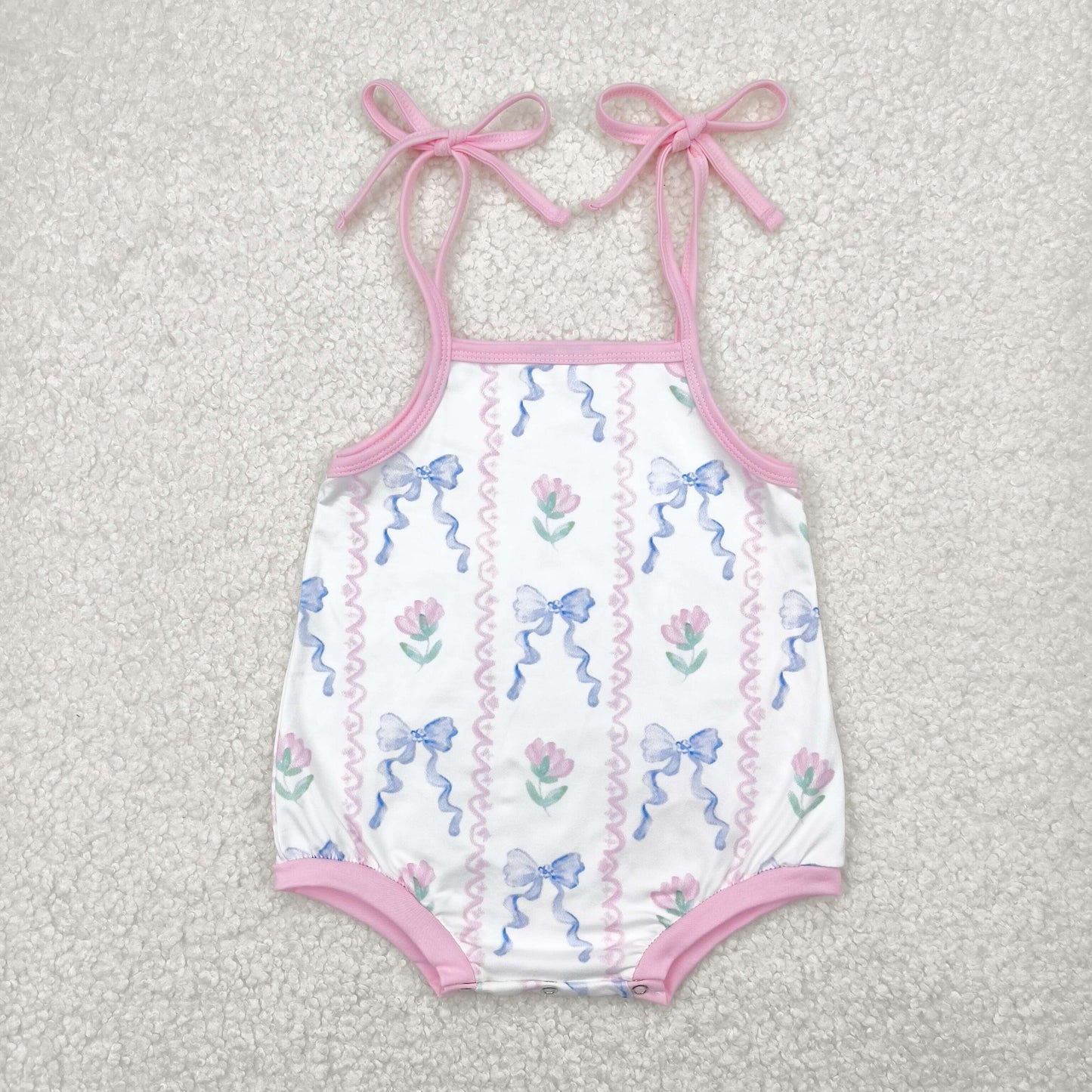 RTS NO MOQ SR2858 Flower blue bow pattern pink wavy line white vest jumpsuit
