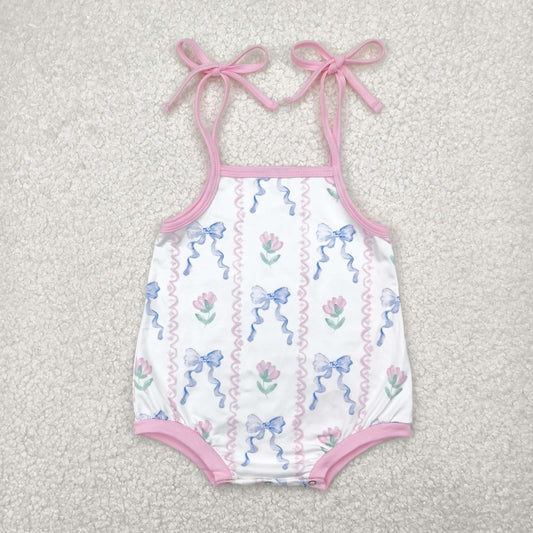 RTS NO MOQ SR2858 Flower blue bow pattern pink wavy line white vest jumpsuit