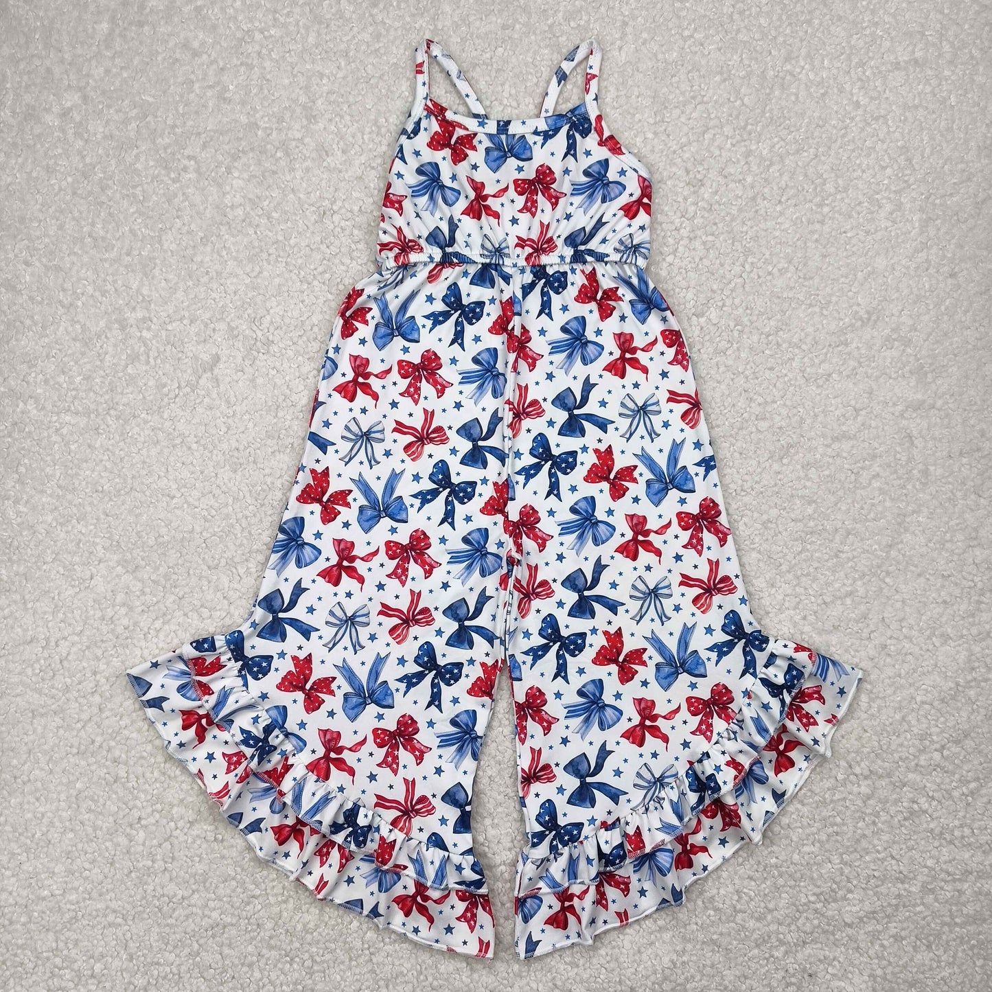 RTS NO MOQ SR2865 National Day star and bow pattern white suspender jumpsuit