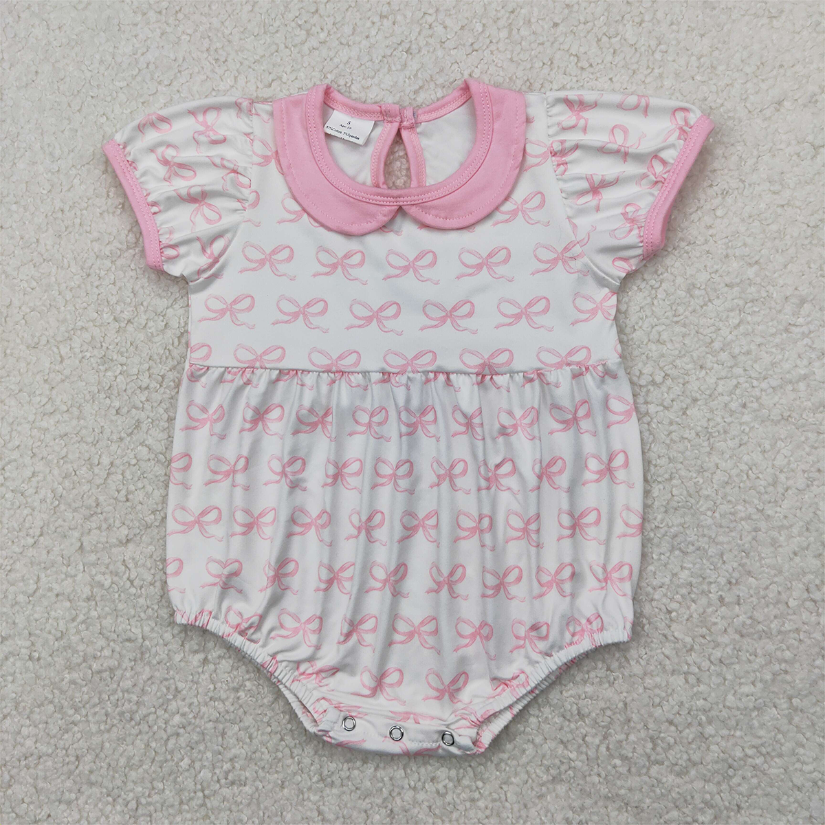 RTS NO MOQ Sibling Baby Girls Pink Ruffle Rompers with Short Sleeves Bow