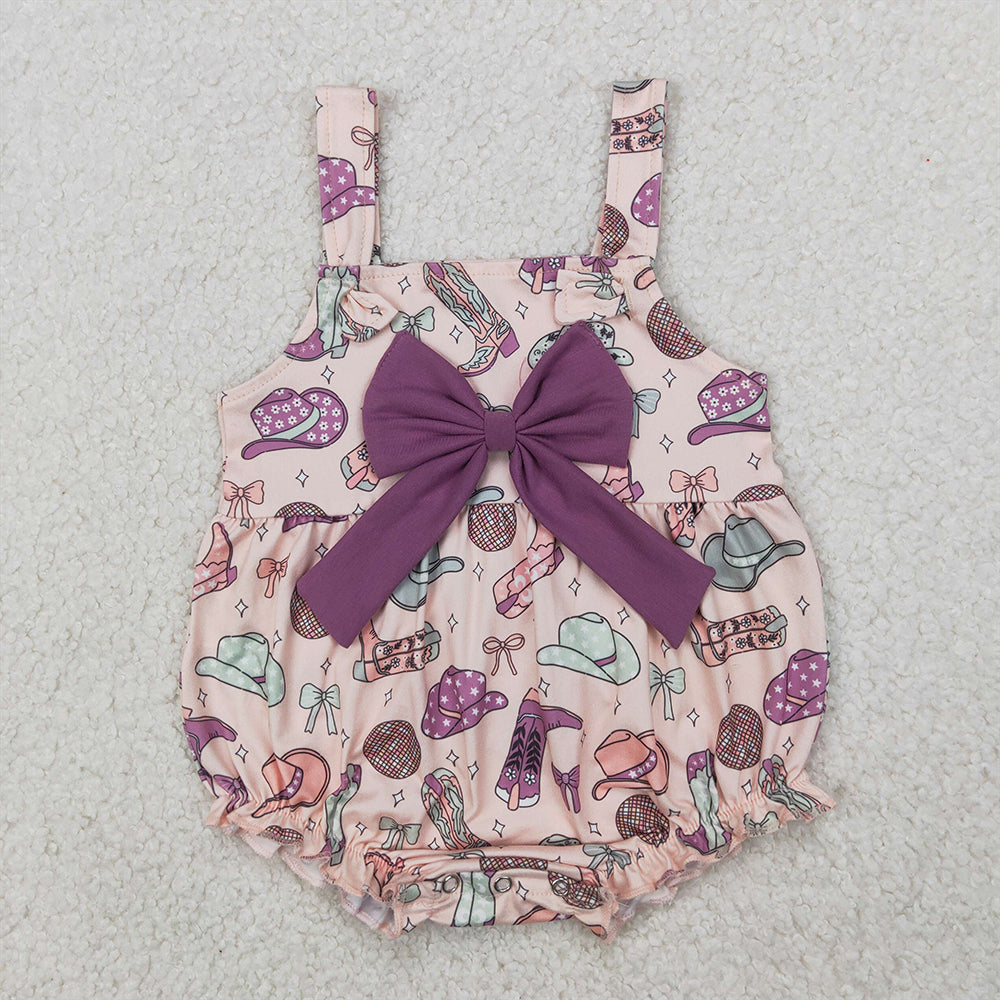 RTS NO MOQ Sibling Baby Girls Cow Straps Rompers with Big Bows 4th of July Outfit