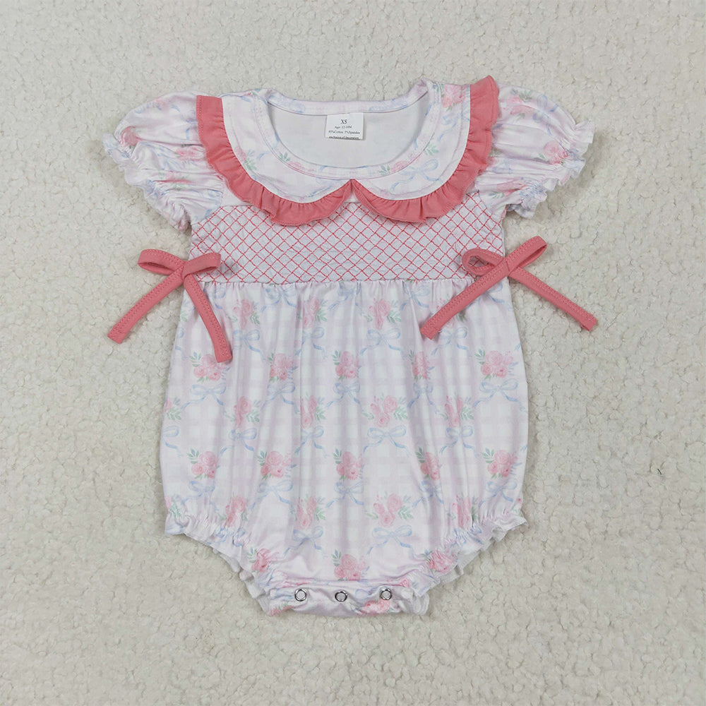 RTS NO MOQ Sibling Baby Girls Pink Ruffle Rompers with Short Sleeves Bow