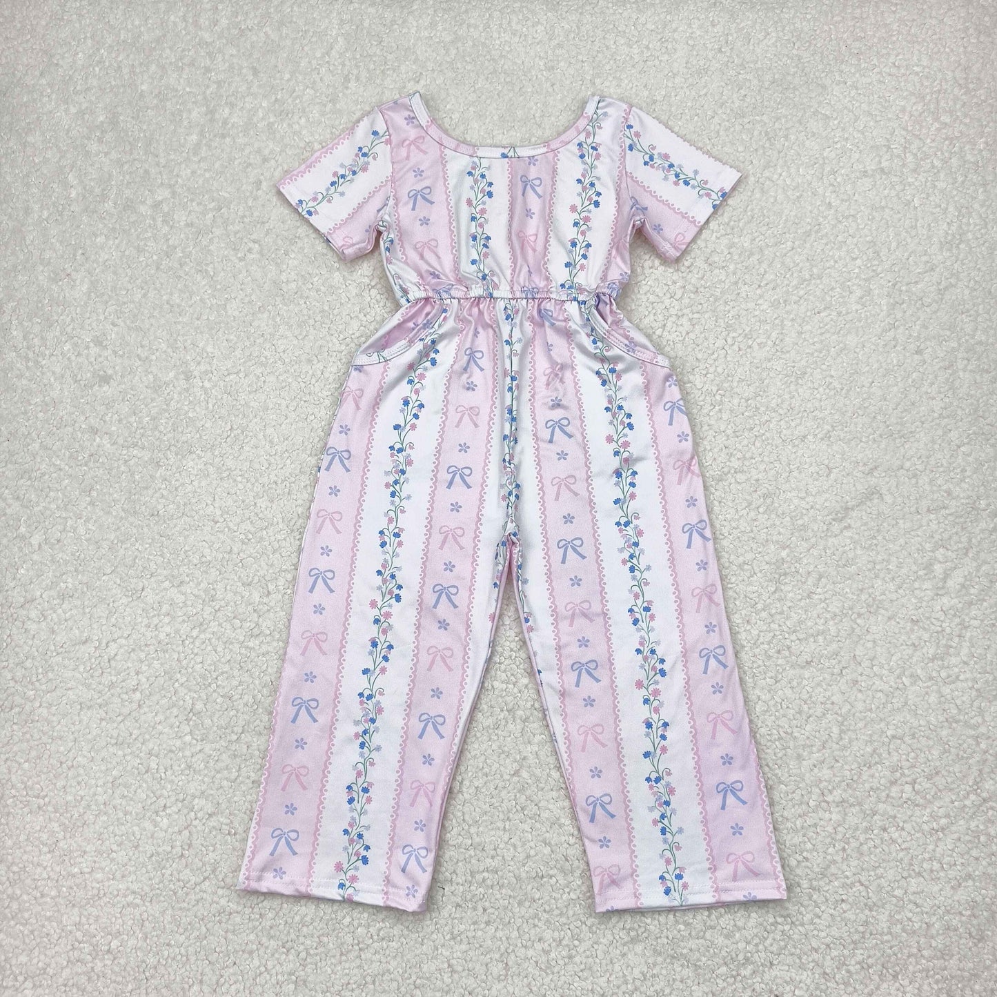 RTS NO MOQ SR2941 Floral bow pattern striped pink and white short-sleeved jumpsuit