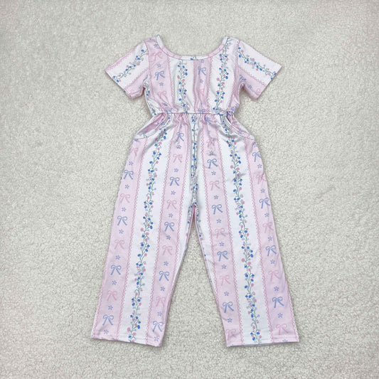 RTS NO MOQ SR2941 Floral bow pattern striped pink and white short-sleeved jumpsuit