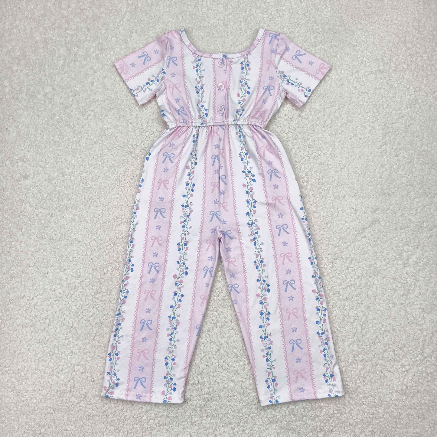 RTS NO MOQ SR2941 Floral bow pattern striped pink and white short-sleeved jumpsuit