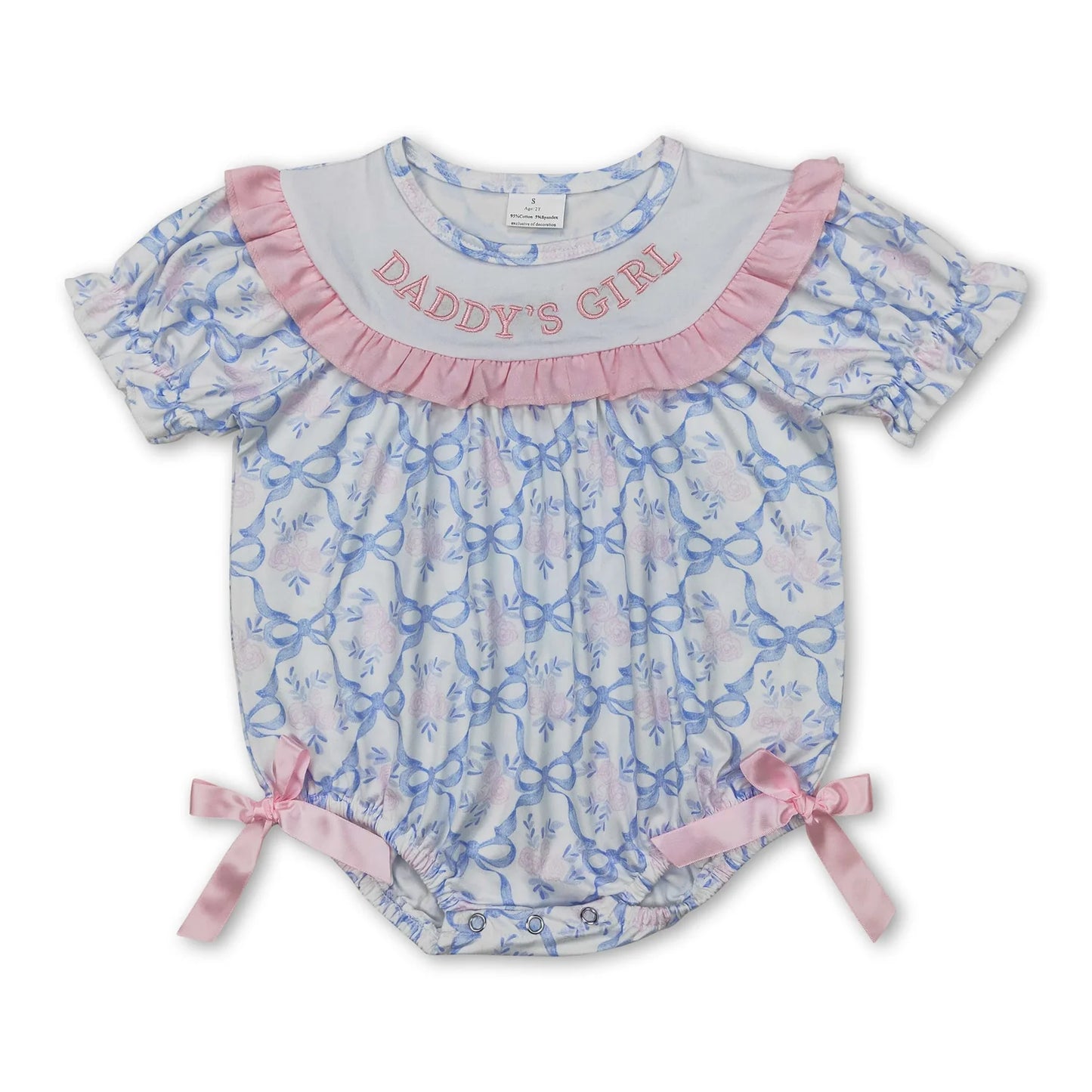 RTS NO MOQ Sibling milk silk Baby Girls Embroidery Blue Bows DADDY'S GIRL Ruffle Rompers