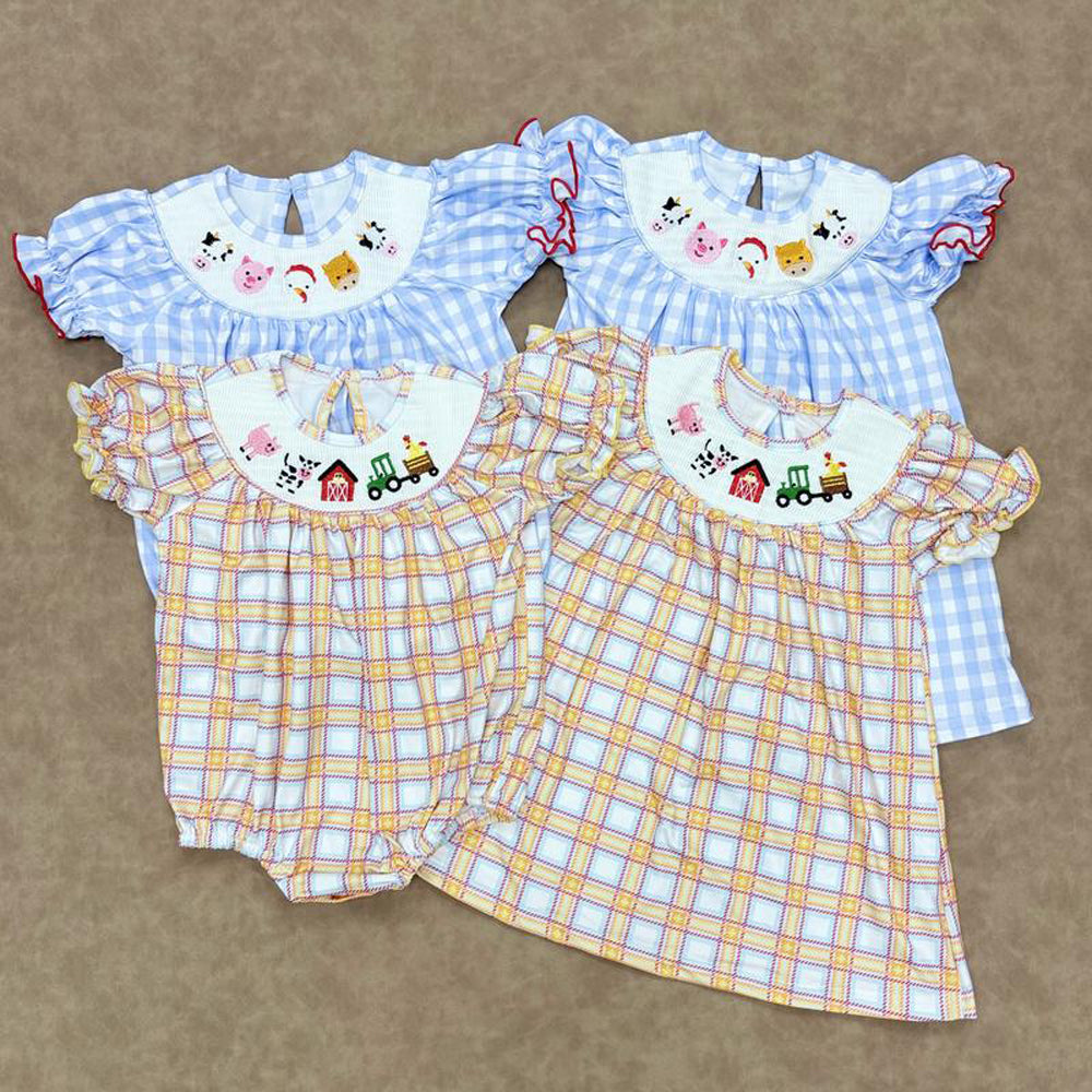 RTS Sibling baby girls clothes smocked embroidery short Sleeve dress and rompers