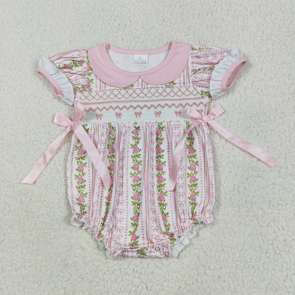 RTS NO MOQ Sibling Baby Girls Pink Ruffle Rompers with Short Sleeves Bow