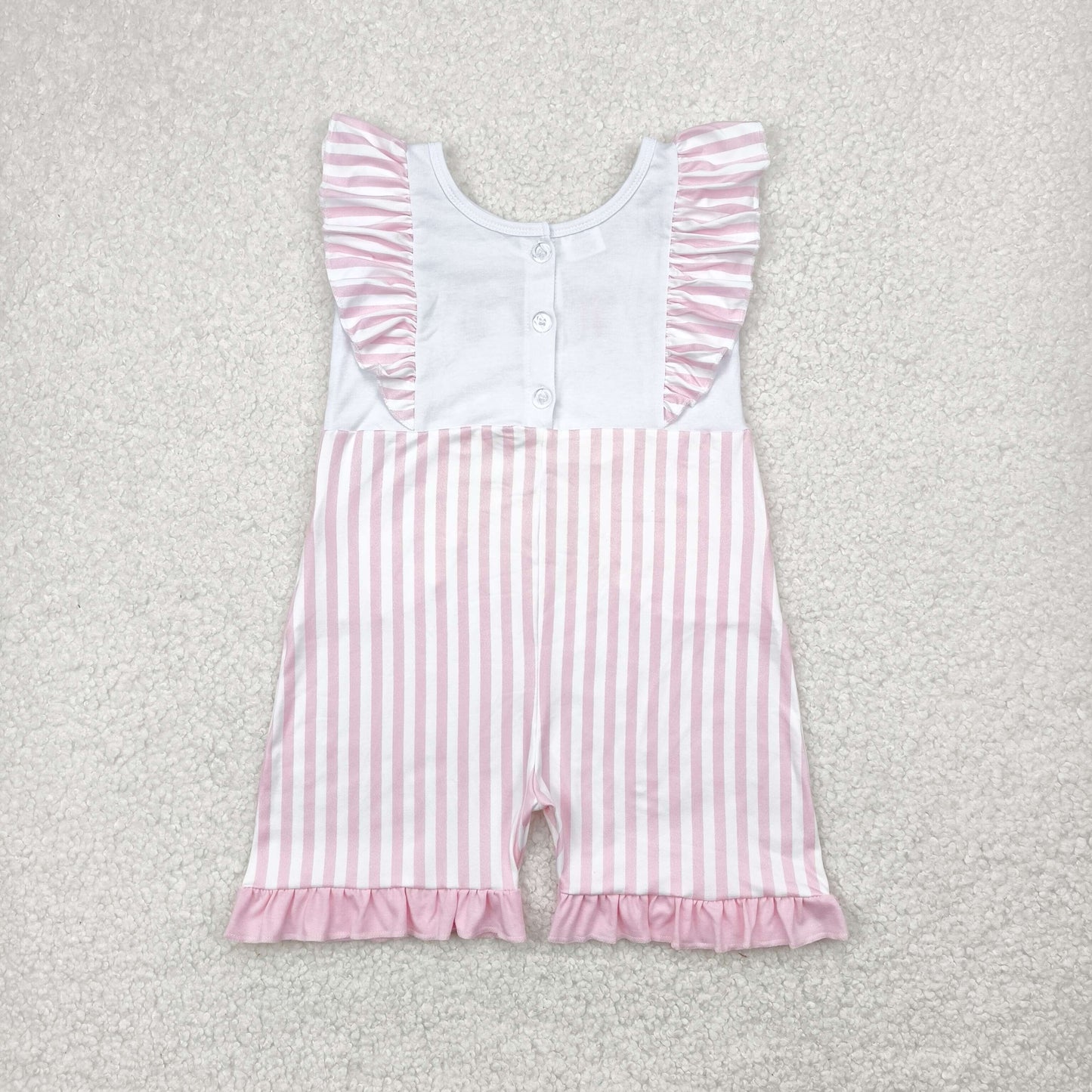 RTS NO MOQ SR3025 Pink striped lace sleeve jumpsuit with embroidered bow pattern