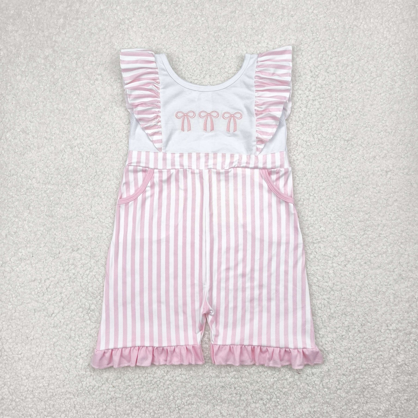 RTS NO MOQ SR3025 Pink striped lace sleeve jumpsuit with embroidered bow pattern