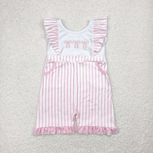 RTS NO MOQ SR3025 Pink striped lace sleeve jumpsuit with embroidered bow pattern