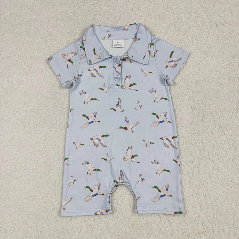 Best Sell RTS Baby Boys Blue Rompers Short Sleeves Button Ducks Print for Infants