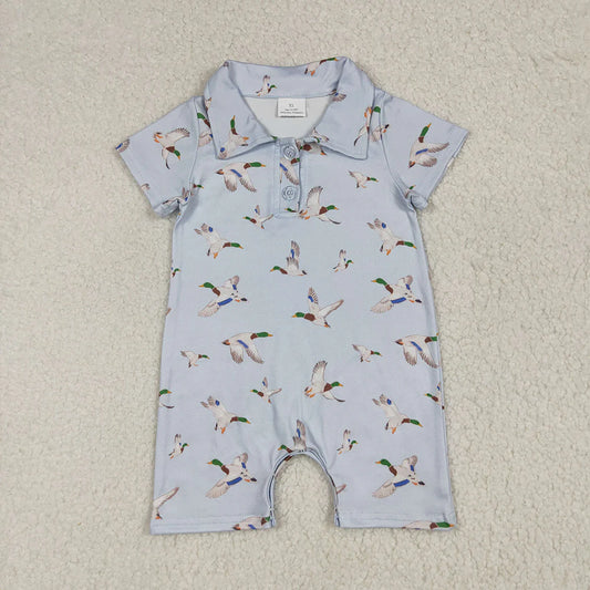 Best Sell RTS Baby Boys Blue Rompers Short Sleeves Button Ducks Print for Infants