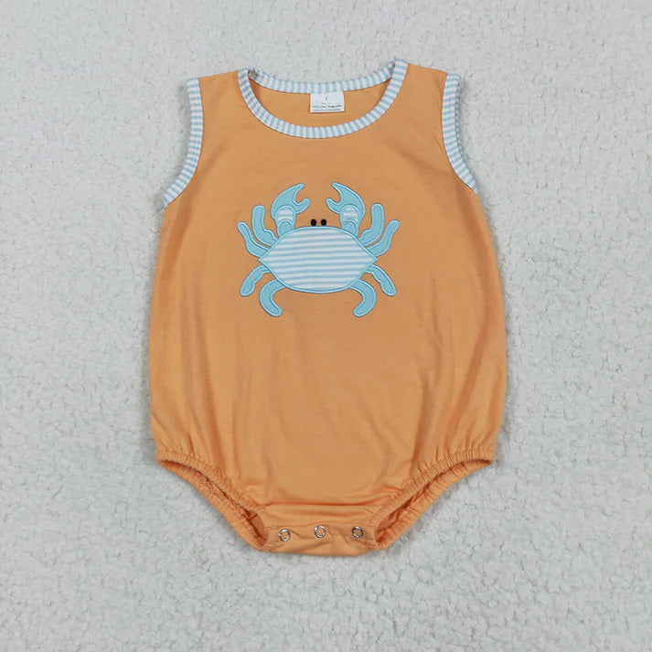 RTS Sibling baby girl clothes embroidery crab Short Sleeve Shorts sets romper