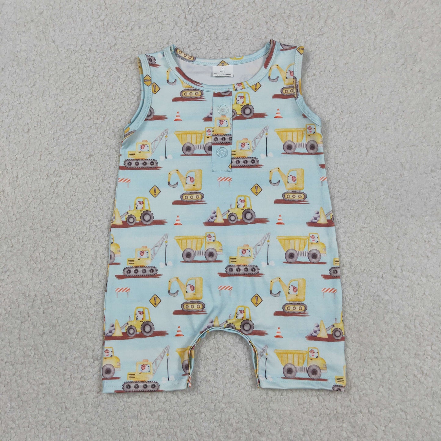 RTS NO MOQ SR3085 milk silk  Baby Boys Cute Excavators Sleeveless Button Rompers