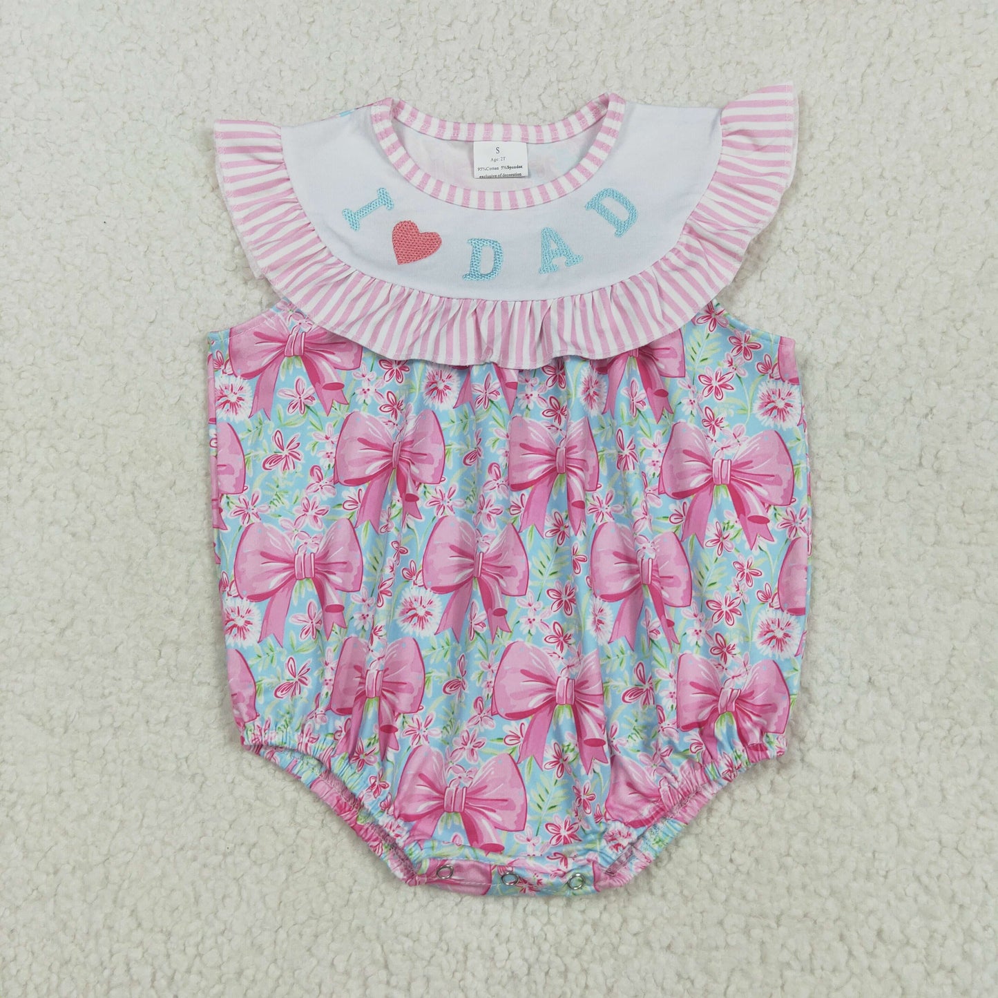 RTS NO MOQ SR3089 embroidery i love dad pink striped bow pattern flower leaf blue vest jumpsuit