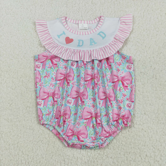 RTS NO MOQ SR3089 embroidery i love dad pink striped bow pattern flower leaf blue vest jumpsuit