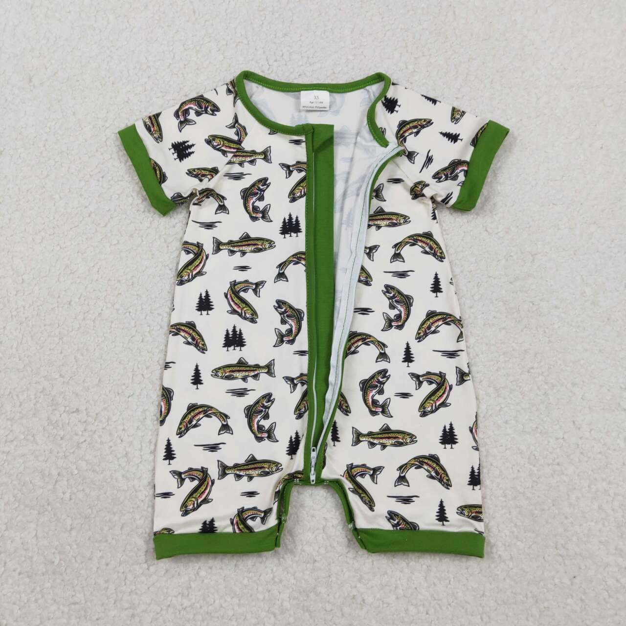 RTS NO MOQ SR3095 Baby Boys Green Zippered Rompers Short Sleeves Fishes Hunting Clothes Baby Outfits