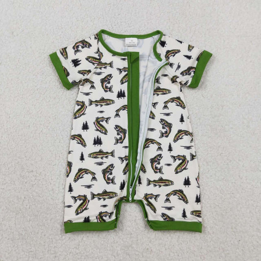 RTS NO MOQ SR3095 Baby Boys Green Zippered Rompers Short Sleeves Fishes Hunting Clothes Baby Outfits