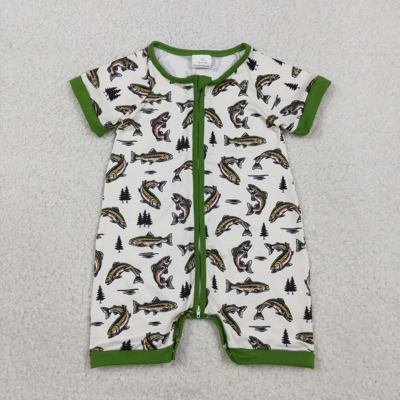 RTS NO MOQ SR3095 Baby Boys Green Zippered Rompers Short Sleeves Fishes Hunting Clothes Baby Outfits