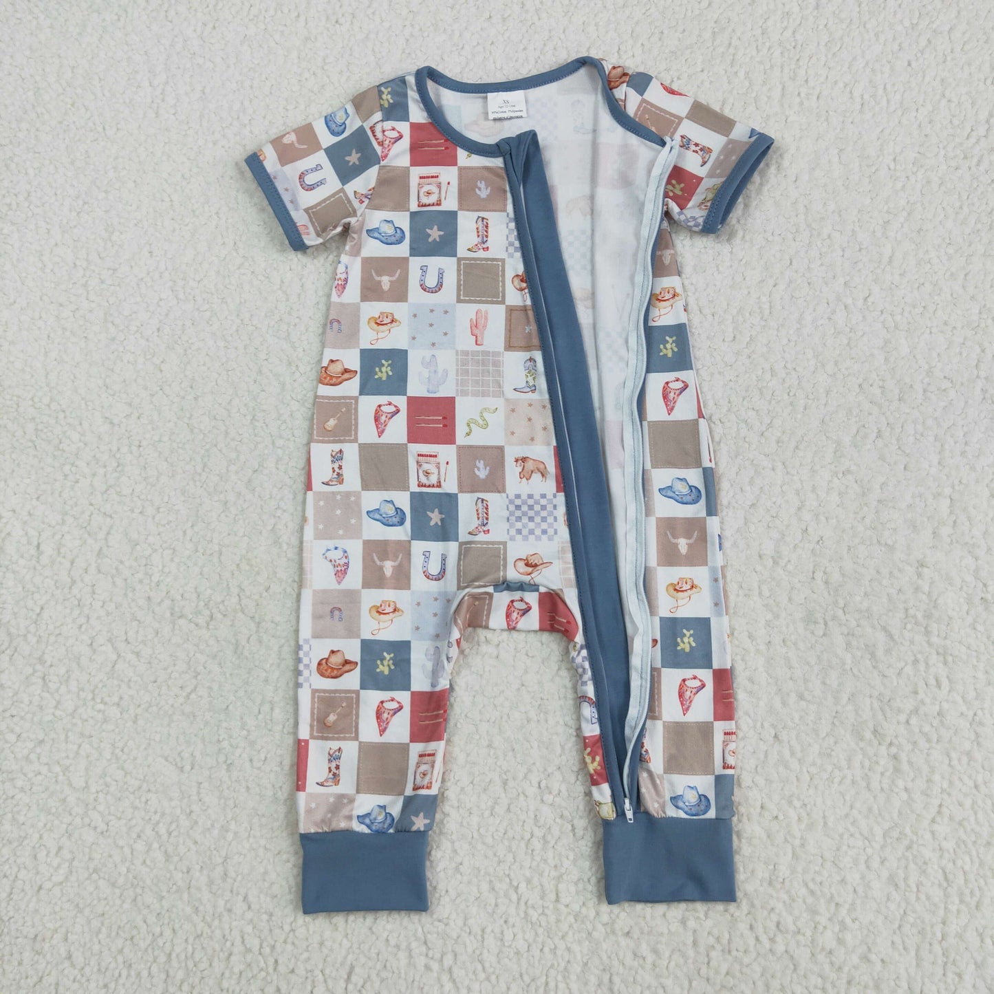 RTS NO MOQ SR3098 Boots cowboy hat cactus plaid zip-up short-sleeved jumpsuit