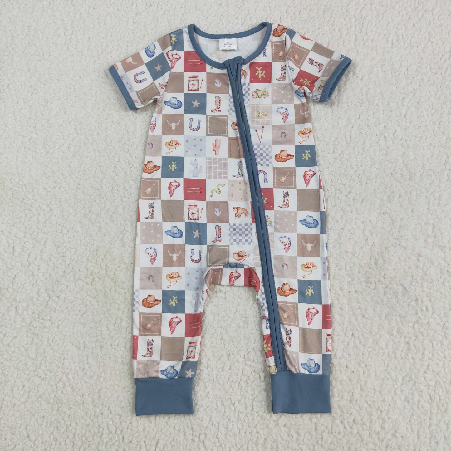 RTS NO MOQ SR3098 Boots cowboy hat cactus plaid zip-up short-sleeved jumpsuit