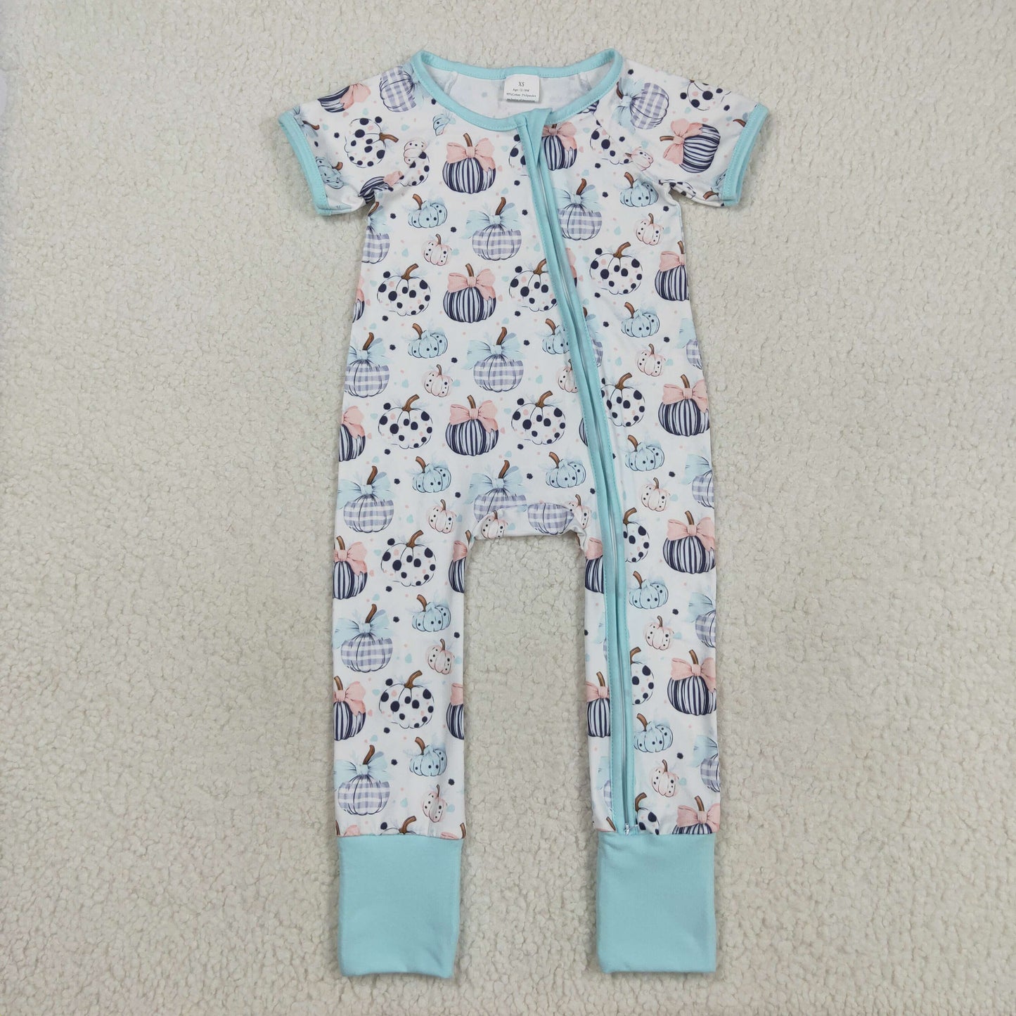 RTS NO MOQ milk silk SR3109B Baby Infant Girls Blue Bows Pumpkins Fall Zipper Footie Rompers