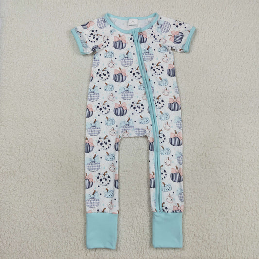 RTS NO MOQ milk silk SR3109B Baby Infant Girls Blue Bows Pumpkins Fall Zipper Footie Rompers
