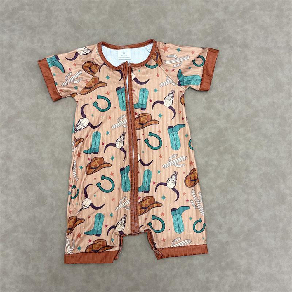 RTS NO MOQ（In Stock) SR3155 Alpine cowboy hat boots brown ribbed zipper short-sleeved jumpsuit