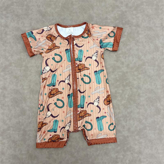 RTS NO MOQ（In Stock) SR3155 Alpine cowboy hat boots brown ribbed zipper short-sleeved jumpsuit
