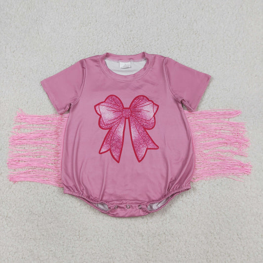 RTS NO MOQ SR3187 Baby Girls Pink Rompers Short Sleeves Bow Print Tassel Ruffle Cute Baby Girl Outfit